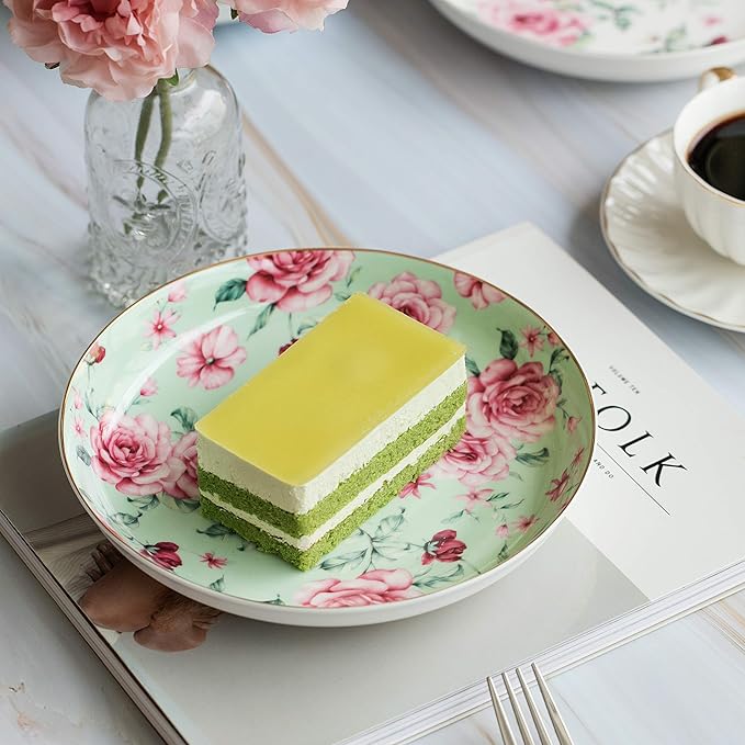 BTaT- Floral Dessert Plates Ceramic, Set of 4, 8 Inch, Assorted Colors with Golden Rim, Deep Porcelain Floral Plates Set of 4, Dishwasher Safe