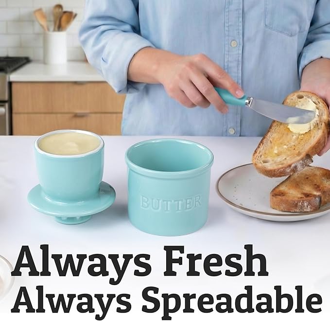 PriorityChef Butter Crock with Lid with Water Line, Ceramic French Butter Dish to Leave On Counter, Cool Green
