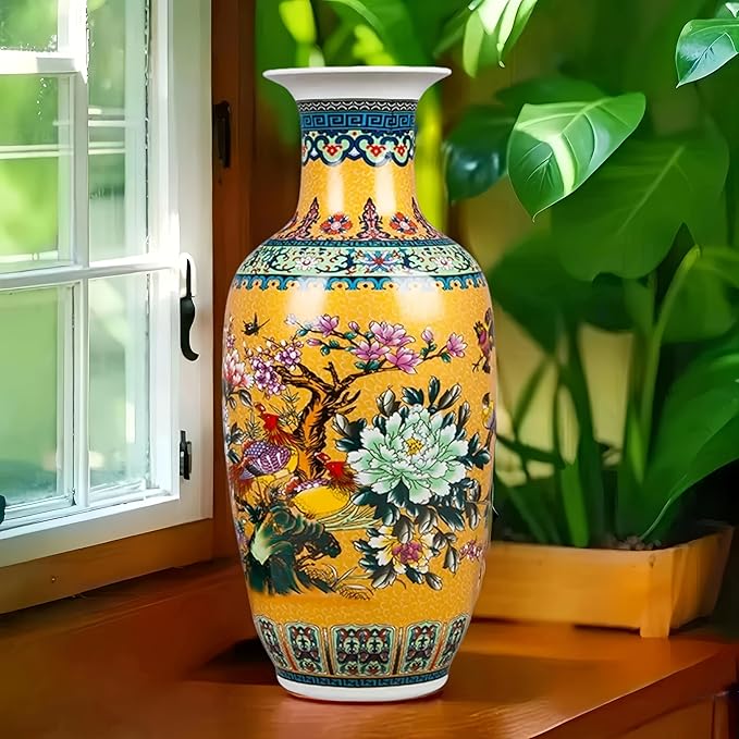 14" Jingdezhen Large Fishtail Ceramic Vase Golden Handmade Home Decorative Vase, Modern Luxury Accent for Living Room, Wedding, or Gift. Elegant Floral Arrangement Centerpiece. (G)