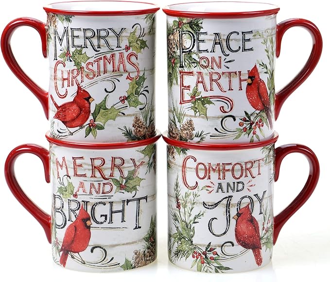 Evergreen Christmas 16-Piece Dinnerware Set – Ceramic Holiday Plates, Bowls & Mugs with Cardinal & Script Design – Service for 4 – Festive Dining for Christmas Gatherings
