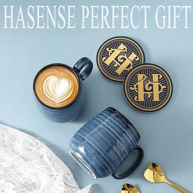 HASENSE Coffee Mugs Gift Set, 20 oz Ceramic Coffee Cups for Men and Women, Premium Large Tea Cups Gift Box with Coaster & Gold Spoon, Blue Couple Mugs for Wedding Holiday
