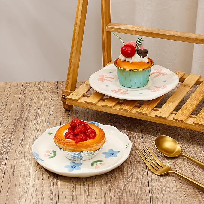 Koythin Ceramic Dessert Plates, Cute Fruits Dinner Plate, Creative Plates Design, Printed Flowers Dinnerware for Office and Home, Kitchen Plates for Desserts (Blue Flowers and Tulip)