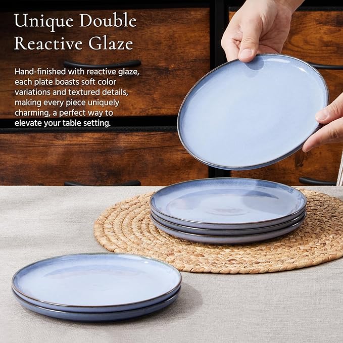 E-far 8” Ceramic Salad Plates Set of 6, Reactive Glaze Stoneware Dishes, Round Dessert Plate for Home Kitchen Restaurant, Microwave & Dishwasher Safe – Ocean Blue