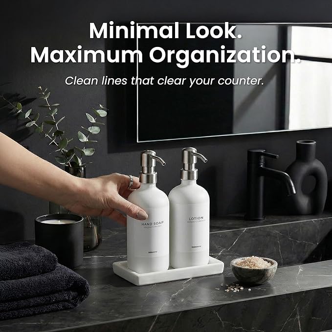 MaisoNovo Soap and Lotion Dispenser Set - Bathroom Soap Dispenser Set with White Soap Dispenser, Silver Pumps & Ceramic Tray