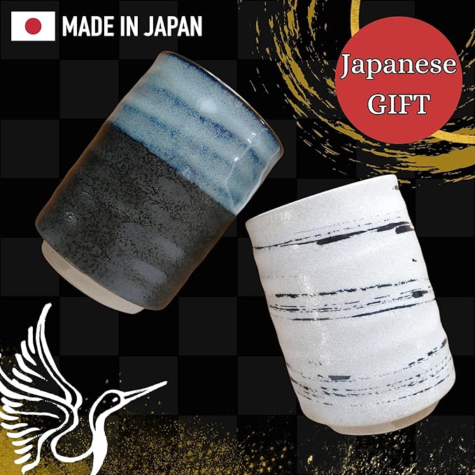 Japanese Tea Cups Sushi-Yunomi Mino Ware With Bamboo Coaster (Set of 2) (Black White)