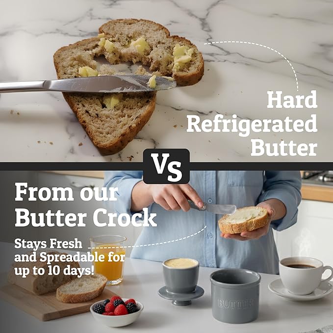 PriorityChef Butter Crock with Lid with Water Line, Ceramic French Butter Dish to Leave On Counter, Light Grey
