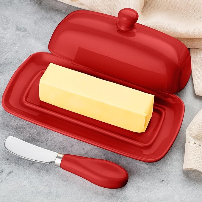 Zulay Kitchen Butter Dish With Lid For Countertop - Porcelain Red, Ceramic Butter Dish with Knob Handle Great for Cooking - Elegant Design Butter Holder - Durable & Sturdy Butter Keeper - Red
