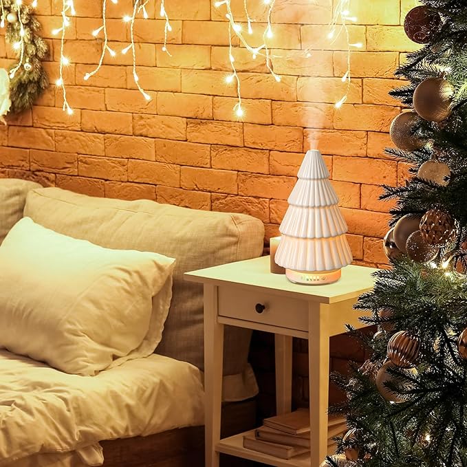 Christmas Essential Oil Diffuser Gifts Ceramic 120ml Christmas Tree Diffuser for Essential Oil Cute Small Aromatherapy Humidifier for Home Office Holiday Decorations(White)