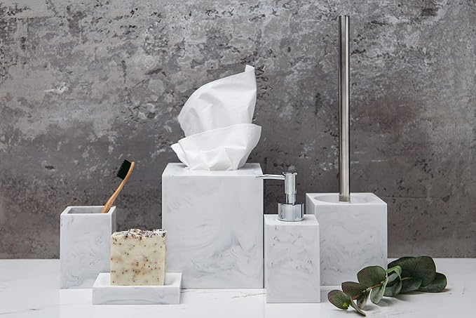 Kurrajong Farmhouse 5 Piece Bathroom Accessories Set Complete | Faux Marble and White Bathroom Accessory Set | Tissue Box, Toilet Brush, Soap Dish, Soap Dispenser, Toothbrush Holder
