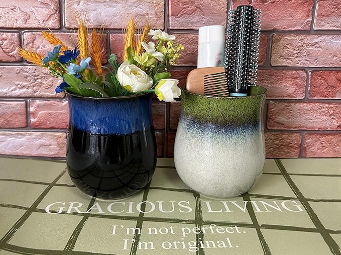 Short Kitchen Utensil Holder for Kitchen Counter, Ceramic Small Utensil Crock & Vase & Holder for Cutlery Spatula Brush Silverware Cooking Utensil Holder (Retro Lavender Grass Green)