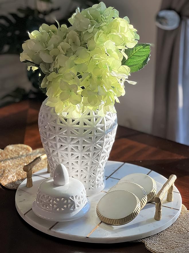 Noori Home - 100% Modern Glam Artisan Ceramic ARIA Small White Ginger Jar Urns with Lid 7.5x7.5x14.5