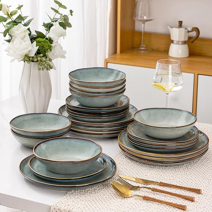 AmorArc Ceramic Dinnerware Sets,Handmade Reactive Glaze Stoneware Plates and Bowls Sets,Highly Scratch Resistant | Dishwasher & Microwave Safe Dishes Set,Service for 4 (16pc)