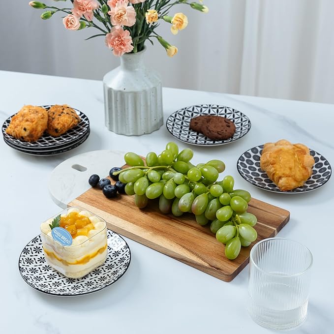 LEHAHA Ceramic 6'' Appetizer Plates Set of 6, Small Dessert/Salad Plates, Black Round Serving Plates, Porcelain Dinnerware Dishes for Cake, Waffle, Pasta,snacks, cookie, Microwave & Dishwasher Safe