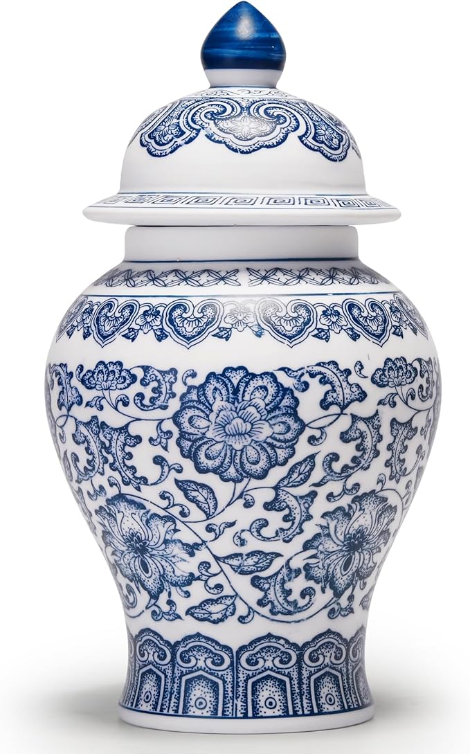 10 Inches Blue and White Ginger Jars with Lid, Small Chinoiserie Porcelain for Home Room Office Decoration, Jingdezhen Art Decor Vase (Unglazed)
