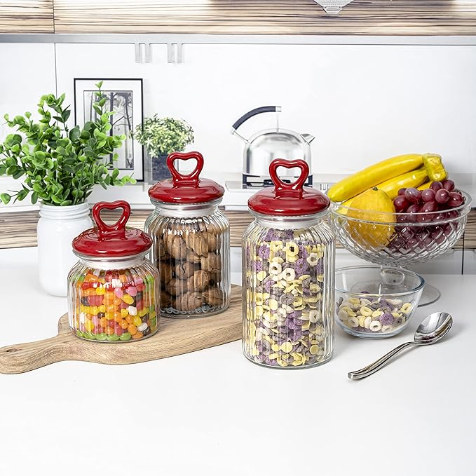 Hyperspace Set of 3 Decorative Glass Kitchen Canister Set, Cookie Jar, Food Storage Containers, Bathroom Jars, with Airtight Ceramic Lid for Kitchen and Bathroom, Red Heart Handle