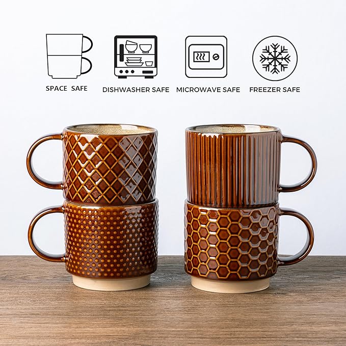 GBhome 15OZ Stackable Coffee Mugs, Ceramic Coffee Cups with Texture Patterns for Man,Woman,Dad,Mom, Modern Mugs Set of 4 for Latte/Cappuccino/Cocoa. Dishwasher&Microwave Safe, Caramel