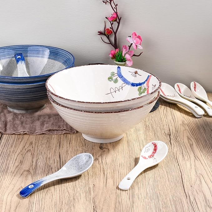 Japanese Ceramic Noodle Bowls, 8.3 Inch Asian Porcelain Ramen Set of 2 for Soup Pho Bowls (wc)