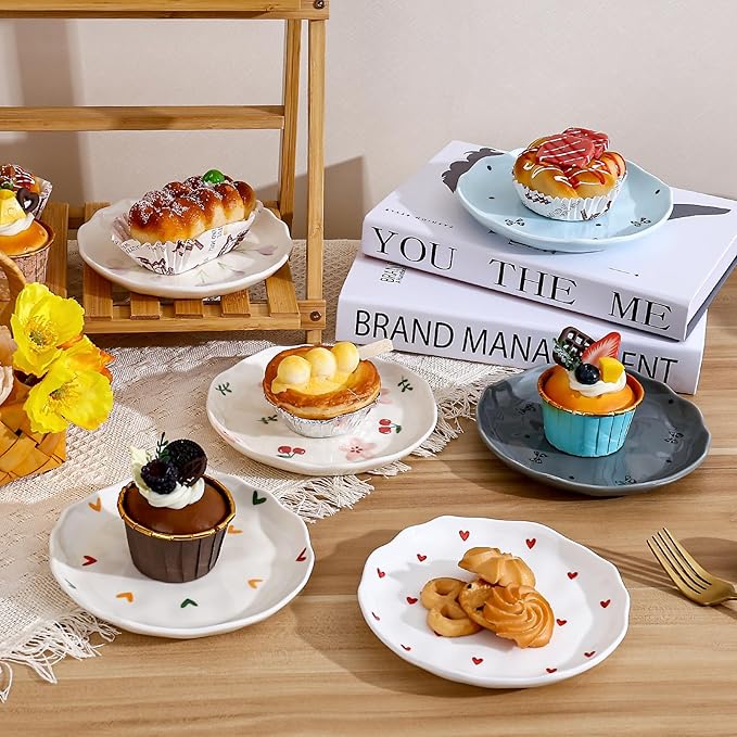Koythin Ceramic Dessert Plates, Cute Fruits Dinner Plate, Creative Plates Design, Printed Flowers Dinnerware for Office and Home, Kitchen Plates for Desserts (Small Love)