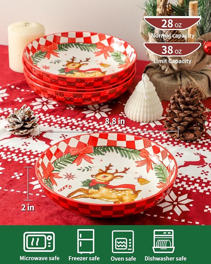 HASENSE Pasta Bowls Set of 4, Holiday Serving Dishes for Entertaining, 38 Ounce Ceramic Bowl Set for Soup, Salad, Snack, 8.8 Inch Dishes for Valentine’s Day Gift, Microwave Dishwasher Safe, Red