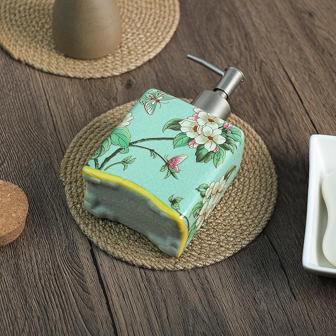 Ceramic Soap Dispenser, Lotion Bottle, Soap Bottle with Removable Pump, Flower Pattern Dispenser for Kitchen Soap, Bathroom Soap, Lotion and Essential Oil-Cyan-13 OZ