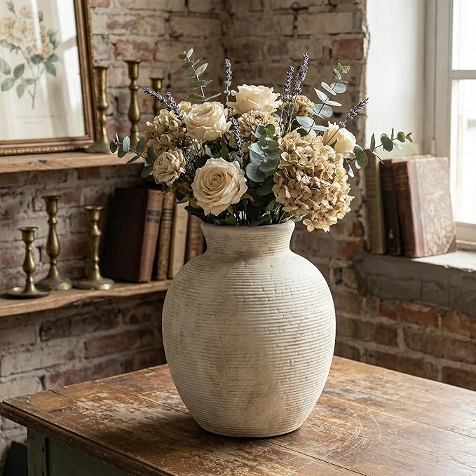 Ceramic Flower Vase Home Decor - 7.4 Inch Vintage Ceramic Vase Large Vases for Decor Living Room Large Ceramic Vase for Dining Room Bathroom Indoor and Outdoor Decoration
