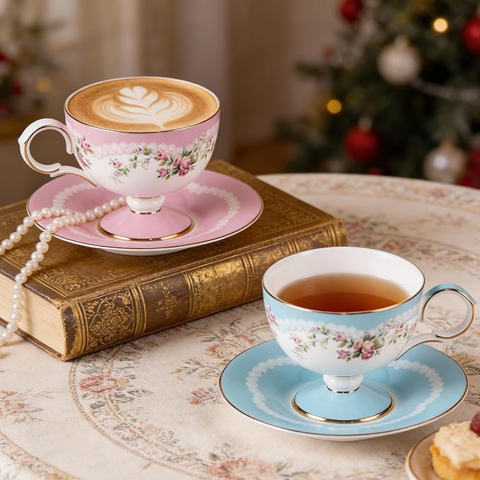 KAMMAK Ceramic Coffee Cups Saucers Set of 2, Porcelain Espresso Cups with Saucers, 6.52 oz Handmade Elegant Bone China Tea Cup, Ceramic Floral Pattern Demitasse for Latte, Americano, Cappuccino