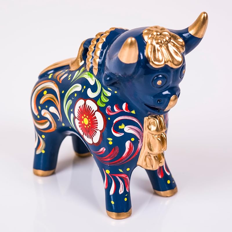 Blue Figurine Pucara Bull 4.7"H, Ceramic Bull Pucara Figurine, Peru Folk art, Pottery Sculpture Bull, sculpture made of clay, Unique Gift
