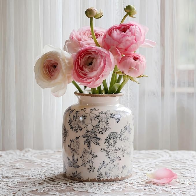 Gray Peach Blossom Chinoiserie Vase, 6.2” Crackle Glaze Ceramic Vase, Hand-Painted Vintage Floral Vase with Distressed Rim, Antique Style Decor for Bookshelf, Tabletop (Gray, 6.2”)