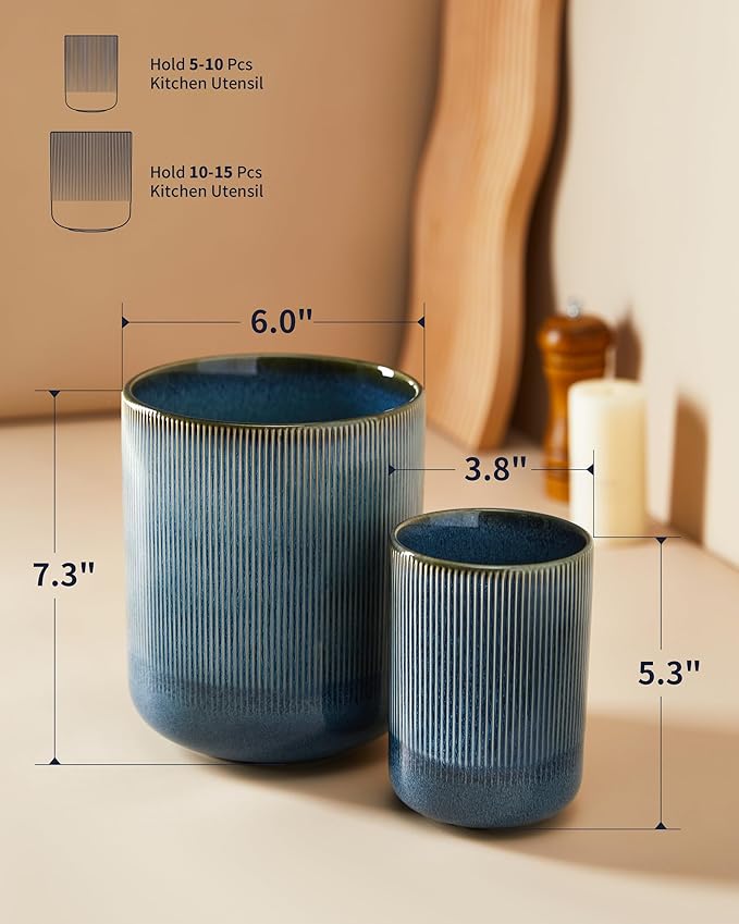 Utensil Holder, 7.3"+5.3" Ceramic Large Kitchen Utensil Holder for Countertop, Modern Spatula Holder for Counter, Kitchen Utensils Holder Utensil Crocks, Reactive Glaze Blue