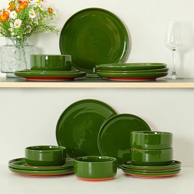 10.25-Inch Dinner Plates Set of 4, Dual Glaze Stoneware Plates, Microwave and Dishwasher Safe, Ceramic Plates for Everyday Dining, Forest Glaze Green