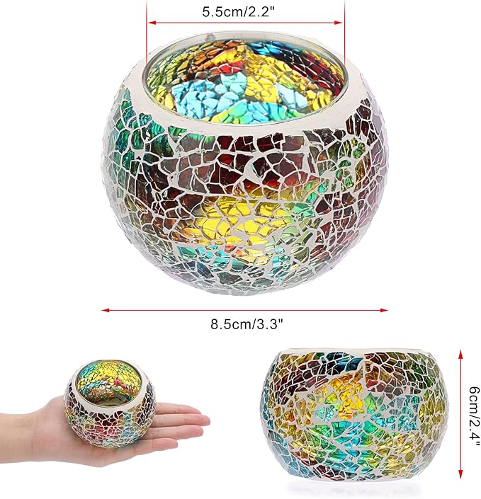 OwnMy Set of 3 Colorful Mosaic Glass Tea Light Holders Round Bowl Votive Candle Holders Pillar Candle Stands, Glass Mosaic Tealight Holders Potted Plant Bowl Vase Candle Centerpiece for Table Wedding