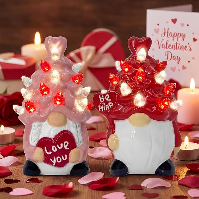 Valentines Day Decorations Pink&Red Lighted Up Ceramic Gnome Tree, Gnomes Figurines for Table Centerpieces Home Decor Indoor Outdoor Party, Valentines Day Gifs Home Decor for Couples Anniversary