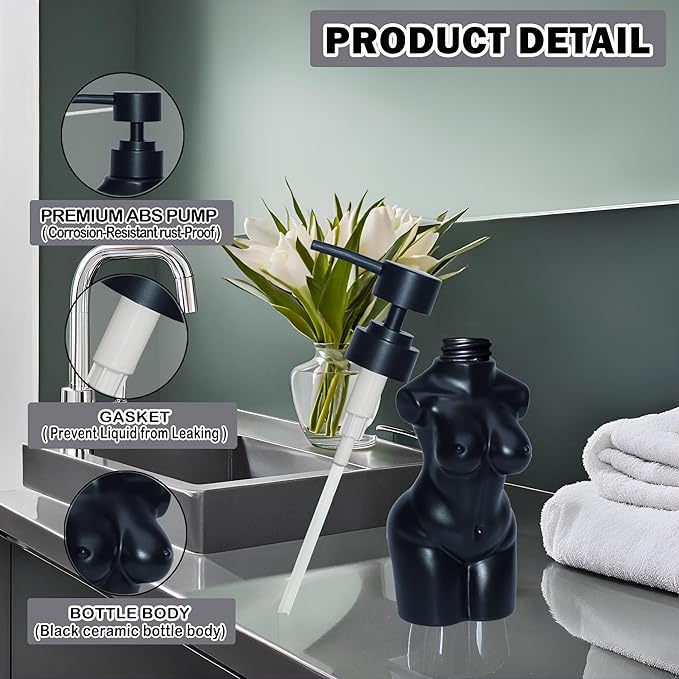 Ceramic Girl Soap Dispenser,Lotion and soap Dispenser Set Refillable Liquid Hand Soap Dispenser for Bathroom and Kitchen (Black)