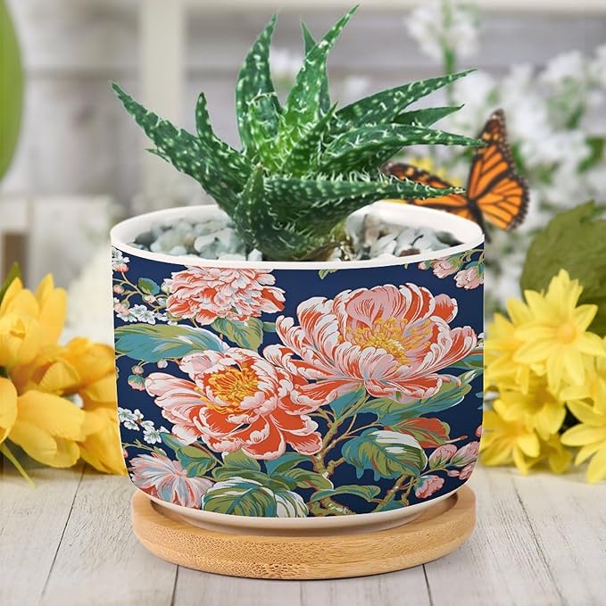 Bright and Chinoiserie Ceramic Planter Coral Peony Floral Planters for Outdoor Plants with Drainage Holes and Saucers Pot for Pots Outdoor Indoor Plants
