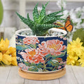 Bright and Chinoiserie Planters Ceramic Coral Peony Floral Round Plant Pot with Drainage Holes and Bamboo Tray Pot for Indoor Outdoor Garden