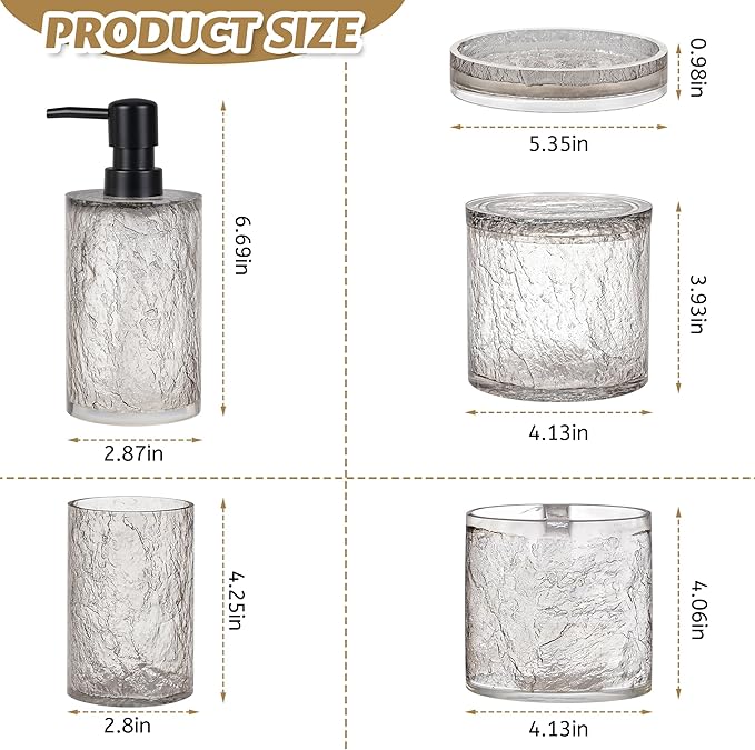 Modern 5 Pcs Resin Bathroom Accessories Set: Soap Dispenser, Toothbrush Holder, Tumbler, Soap Dish,Cotton Swab Jar,Unbreakable, Durable, Easy to Clean, Bark Pattern, Translucent Black