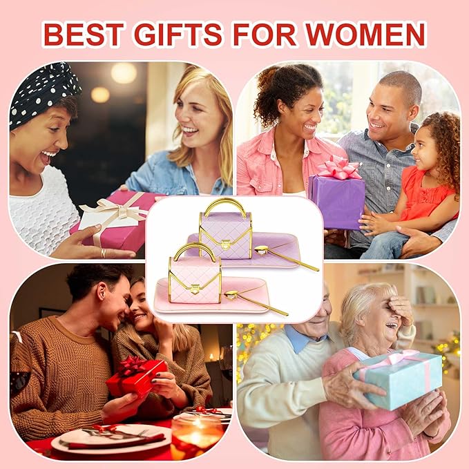 Zubebe 2 Set Coffee Mug Elegant Handbag Shaped Cup Mother's Day Modern Ceramic Purse Mug with Spoon and Saucer, 10oz Cute Creative Tea Cup for Woman Girls Gift (Pink,Purple)