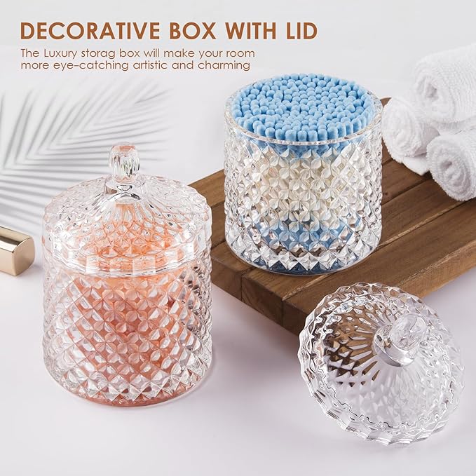 Q tip and Cotton Ball Holder Glass Apothecary Jar with lid, Small Bathroom Vanity Organizer and Storage Qtip Jar for Aesthetic Room Decor