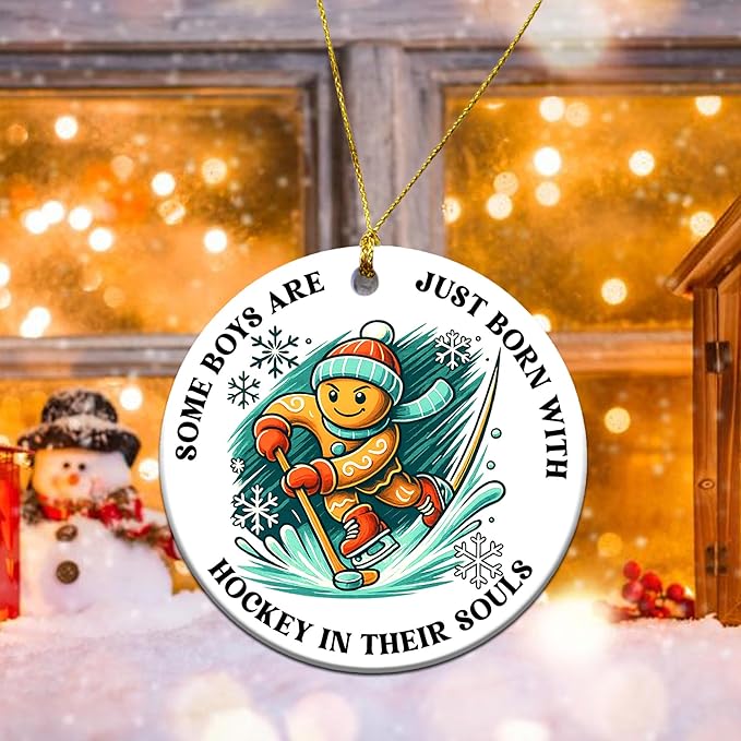 Ice Hockey Christmas Ornament -Round Ceramic 3", Holiday Tree Decoration Keepsake, Hockey Player for Boys