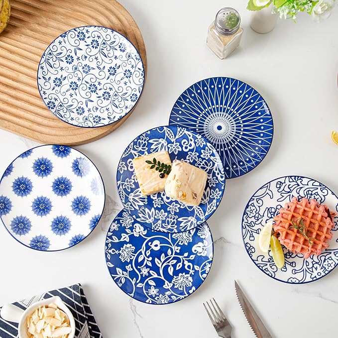 Ceramic Dessert Plates Set - 6 Inch Mini Appetizer Plates for Kitchen - Small Salad Plate for Snacks Side Dish Cake, Gift, Microwave Dishwasher Safe, Vintage Blue