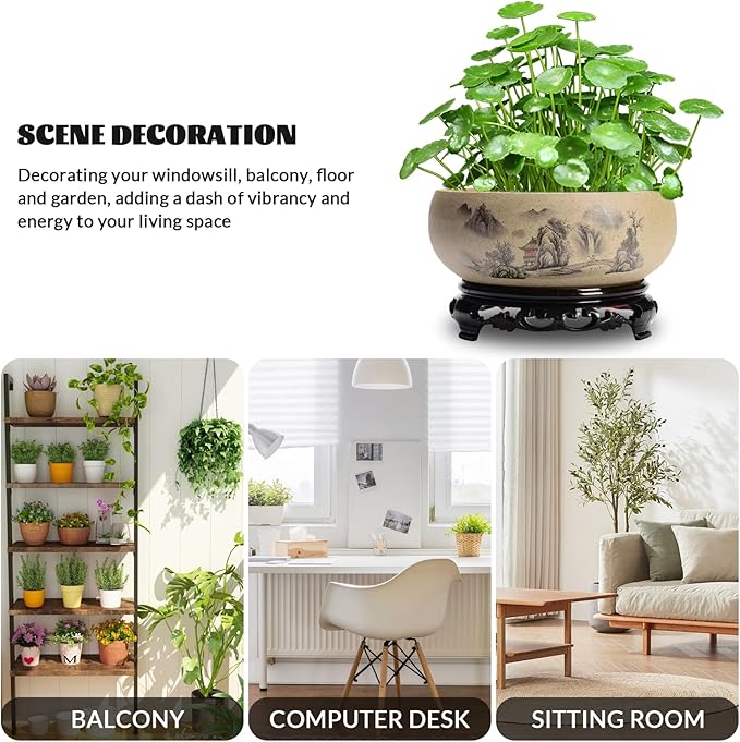 Shallow Planter|Ceramic Planter Round Decorative Chinese Style Bowl Planter with Base Gardening Desktop Ink Painting Outdoor/Indoor Large Planter Pots for Patio Balcony Home