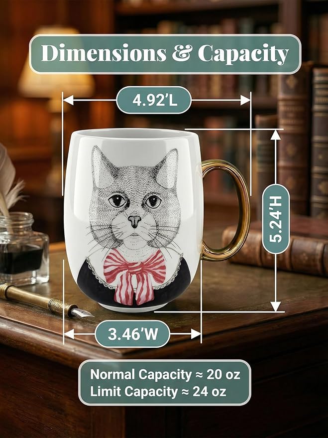 Large 24oz Ceramic Coffee Mug with Gold-Trim Handle, Oversized Porcelain Mug for Coffee, Tea & Hot Chocolate, Hand-Painted Artisan Style, Lead-Free, Gift-Ready Box, Hand Wash Only, Not Microwave Safe