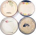 7 Inch Japanese Retro Ceramic Dinner Plates Set of 4 Asian-Inspired Dinnerware with Unique Hand-Painted Patterns, Microwave & Dishwasher Safe
