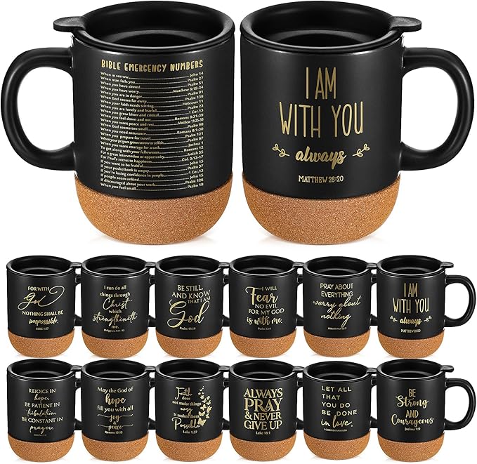 24 Set Christian Mugs Mothers Day Gifts Bulk Ceramic Coffee Cups with Bible Verses Religious Gifts for Church Office Women Men Employee Coworker Appreciation Mugs, 15 oz (Black)