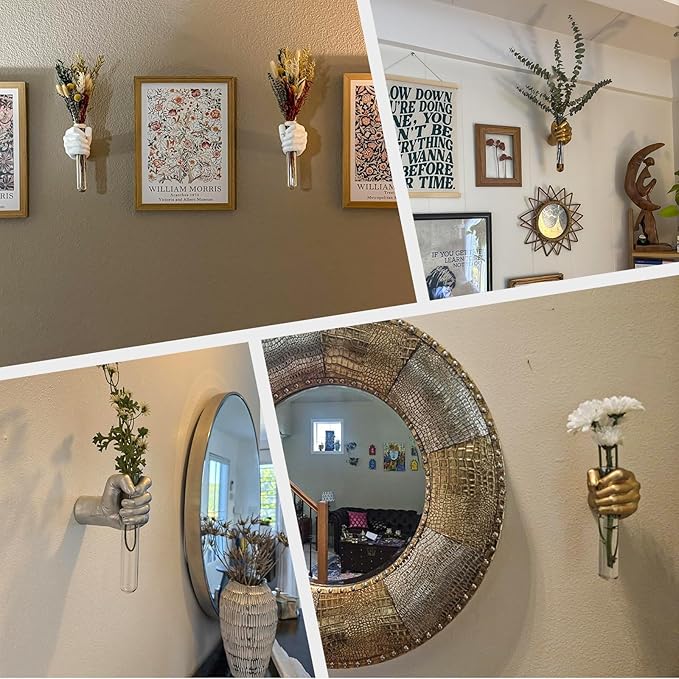 2 Pieces Wall Sculptures, Hands Vase Home Decor, Wall Mount Art Sculpture, Unique Wall Art Statue, Funky Flower Vase Decorations, Modern Eclectic Hanging Decor,Hands Statue (Green(L+R))