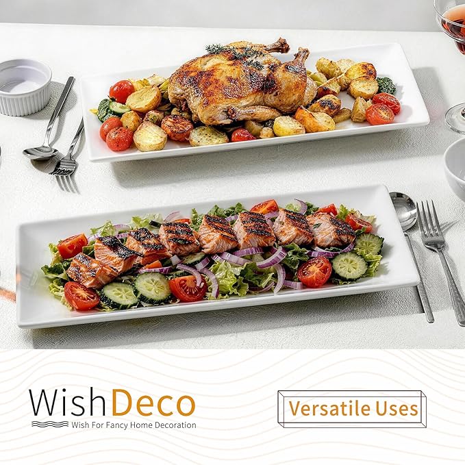 Large Serving Platter Set of 2, Long Ceramic Serving Tray 16 inch, Rectangular Serving Dishes, White Plates for Entertaining, Fruit, Appetizer, Charcuterie, Oven & Dishwasher Safe