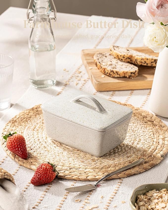 Besmeety Ceramic Butter Dish with Lid for Countertop, European 250g Butter Keeper, Vintage Farmhouse Decor (Gray)
