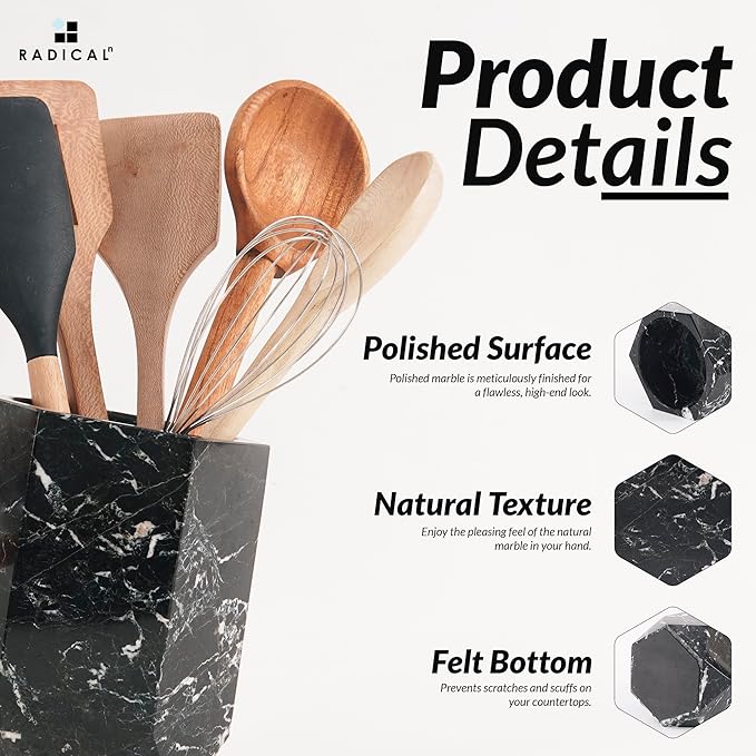 Radicaln Marble Utensil Holder 6.5'' Inches Black Spatula Set for Kitchen Counter, Ideal Cooking Utensils Jar & Kitchen Essentials Organizer, Ideal Utensil Caddy & Spoon Holder