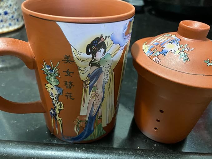 Ceramic Teacup, Chinese Hand Painted Purple Clay Tea Mug with Lid and Infuser, (13oz) Zisha Water Mug Drinkware for Office Home (red lady)
