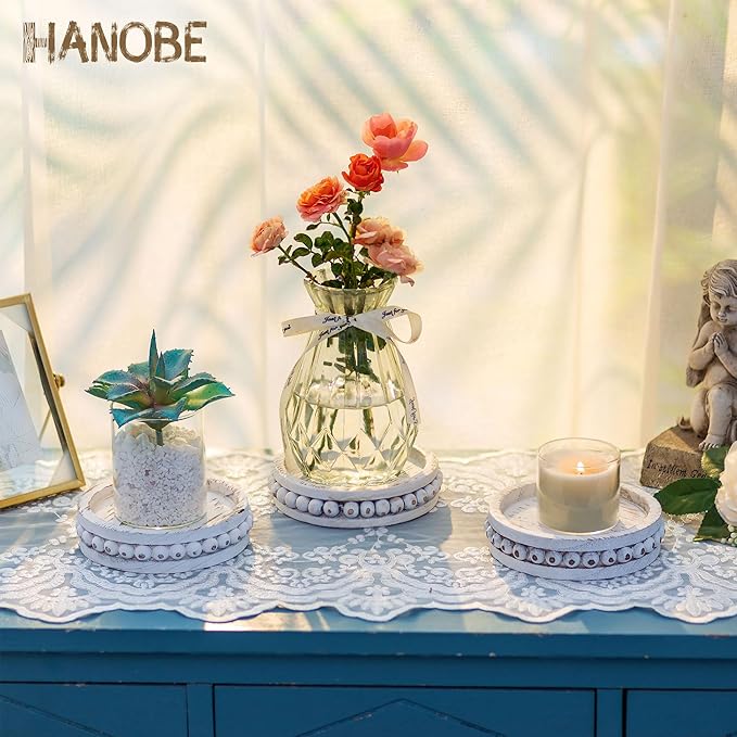 Hanobe Candle Holder for Pillar Candles: Set of 3 Rustic Farmhouse Wooden Candlestick Holders - Whitewashed Candle Stand for Table Centerpieces Fireplace Mantel Home Decor